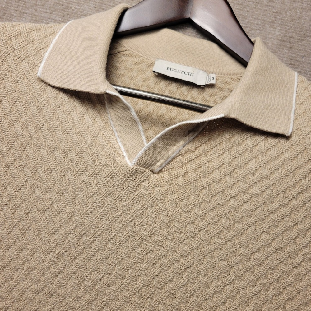 Bugatchi Knit Polo Shirt Mens Size M Tan Beige Textured Diamond V-Neck Tipping